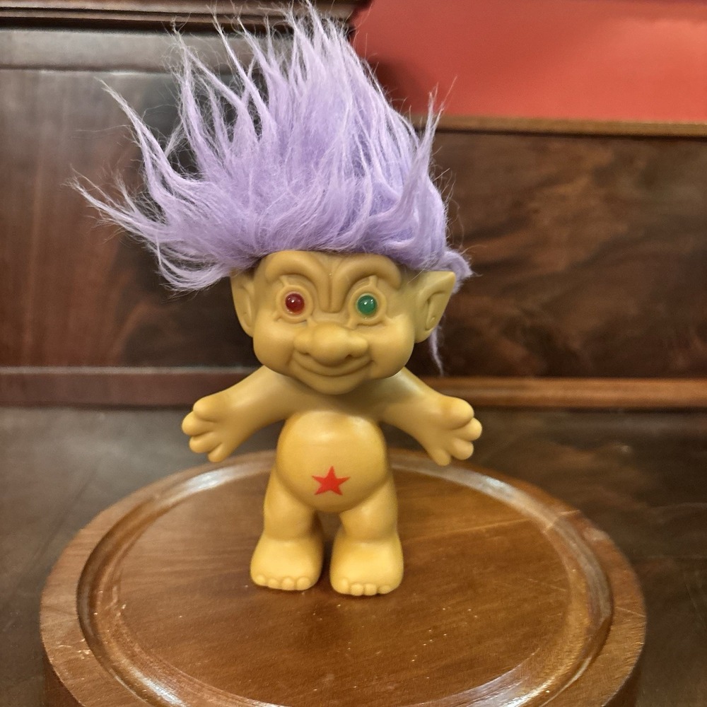 Vintage Ace Novelty Treasure Troll Doll Purple Hair Jewel Eyes Red Star